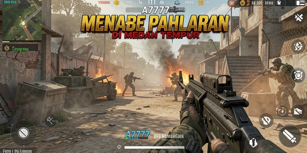 Tangkapan layar A7777 menampilkan aksi seru dalam pertempuran FPS yang menegangkan.