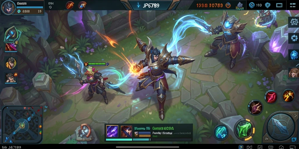 Screenshot utama JP6789 menunjukkan karakter dalam aksi pertempuran MOBA.