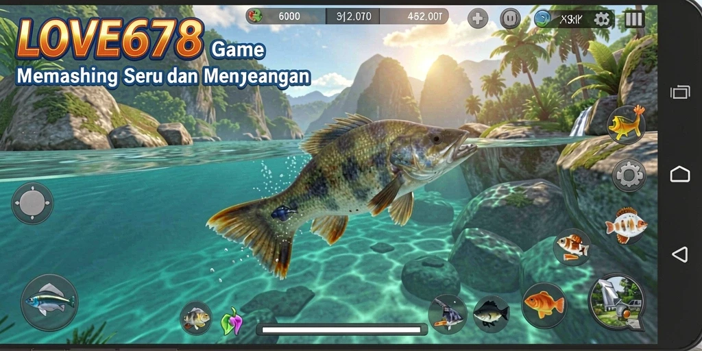Screenshot LOVE678 menunjukkan pemain sedang memancing di lokasi yang indah.