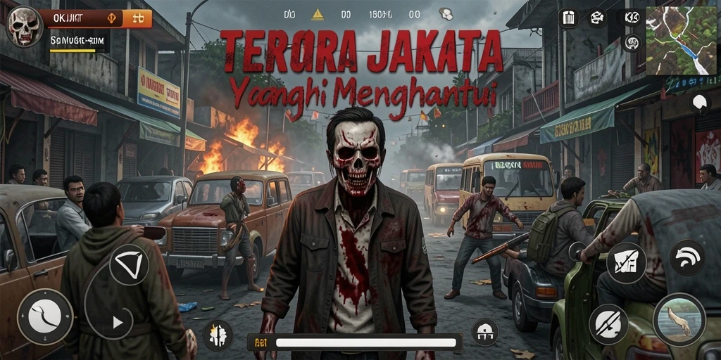 Screenshot gameplay OKJKT menampilkan suasana Horror yang mencekam dengan karakter yang eksplorasi tempat angker.