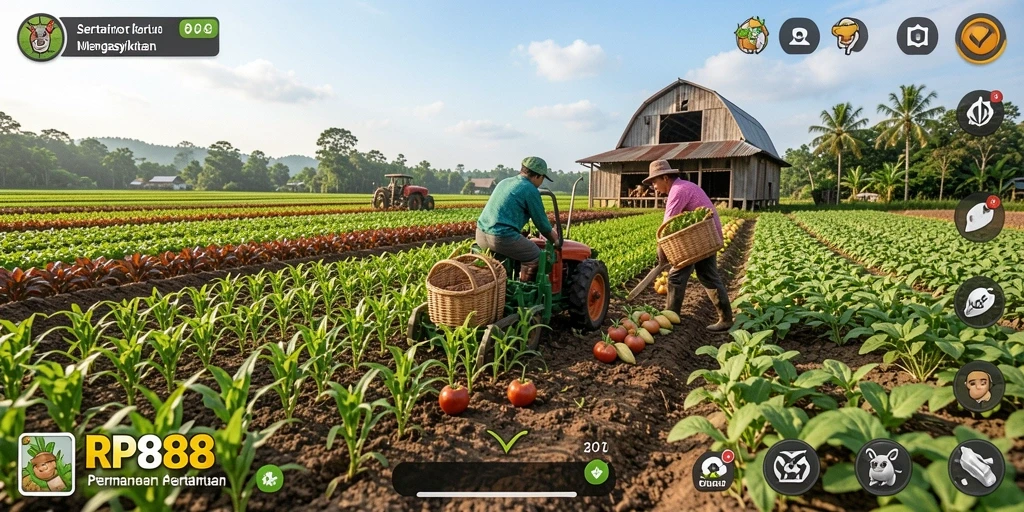 Screenshot gameplay RP888 yang menunjukkan aktivitas pertanian yang menarik.