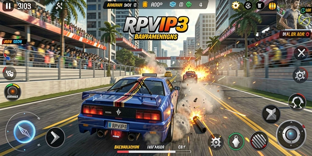 Screenshot gameplay RPVIP3 menampilkan mobil balap melaju kencang di lintasan.