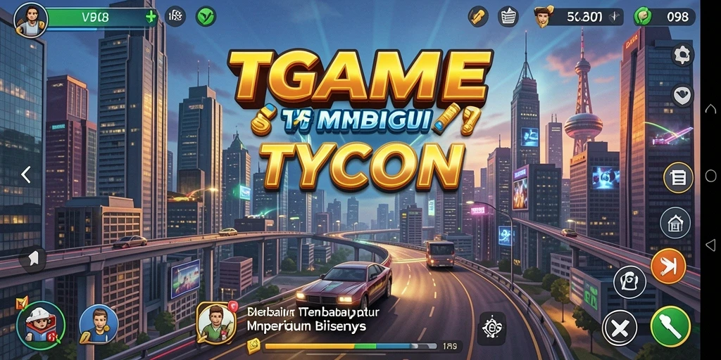 Screenshot utama V98 menunjukkan gameplay seru dan strategi bisnis.